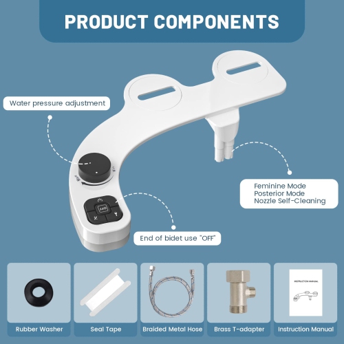 Bidet Attachment for Toilet, Dual Nozzle Non-Electric Fresh Water Bidet Toilet Seat Attachment with Nozzle Self Cleaning, Adjustable Water Pressure