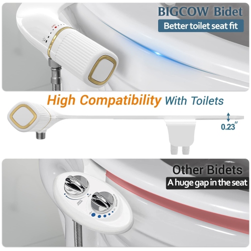 Ultra-Slim Bidet, Non-Electric Dual Nozzle Bidet Attachment for Toilet with Metal Inlet, Fresh Water Pressure Adjustable Bidet Toilet Seat Attachment