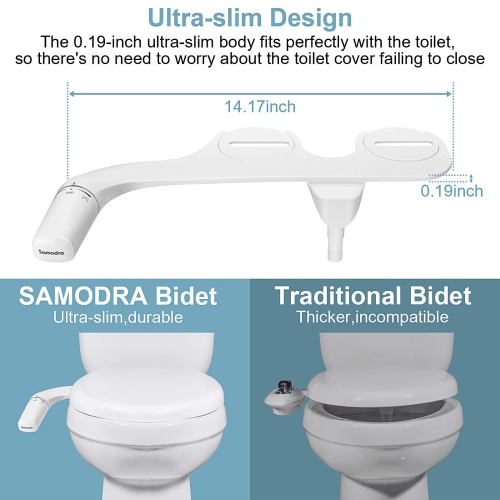 Self Cleaning Bidet for Toilet, Ultra-Slim Single Nozzle Bidet Attachment for Toilet with Adjustable Water Pressure, Fresh Water Non-Electric Bidet,