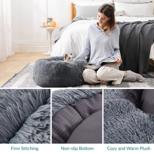 Small Dog Bed Washable - Self Calming Dog Beds - 23 inches Fluffy Donut Cuddler for Small Deep Sleep Cat up to 25lbs - Anti-Anxiety Indoor Round Dog