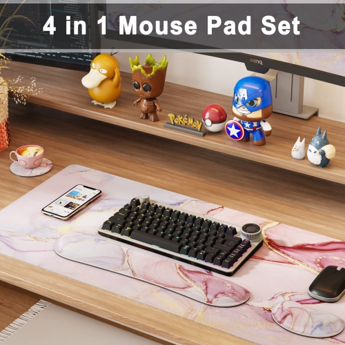 Grand tapis de souris 4-en-1, repose-poignet, long tapis de souris de jeu avec repose-poignets, tapis de bureau ergonomique antidérapant pour le