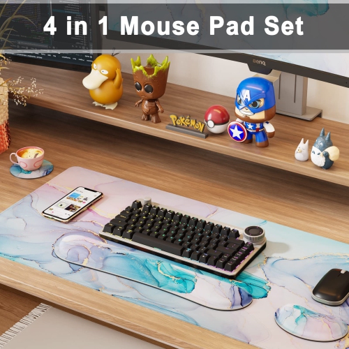 Grand tapis de souris 4-en-1, repose-poignet, long tapis de souris de jeu avec repose-poignets, tapis de bureau ergonomique antidérapant pour le