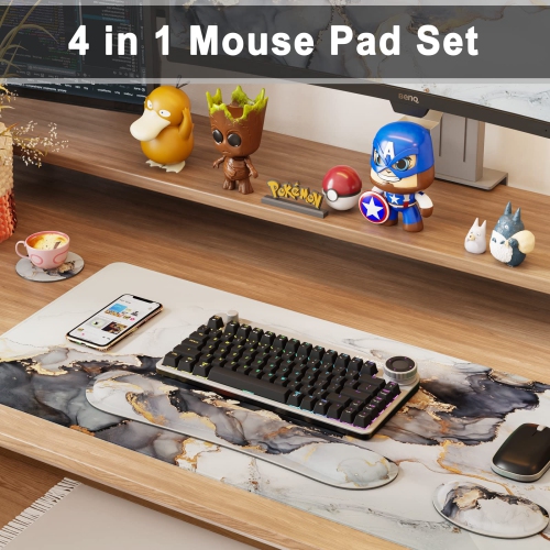 Grand tapis de souris 4-en-1, repose-poignet, long tapis de souris de jeu avec repose-poignets, tapis de bureau ergonomique antidérapant pour le