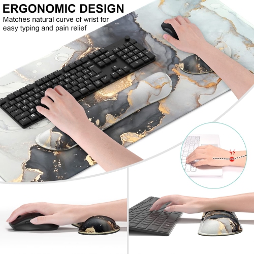 Keyboard Mouse Pad Set, XXL Large Desk Pad+Keyboard Wrist Rest+Mouse Wrist Cushion Support, Ergonomic Memory Foam, 35.5" x 15.7" Extended Mousepad,