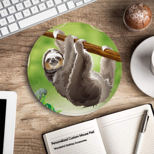 Mouse Pad, Cute Sloth Pattern Round Mouse Pads, Non-Slip Rubber Base Mousepad with Delicate Stitched Edge, Gaming Mouse Pad for Laptop, Computer & PC