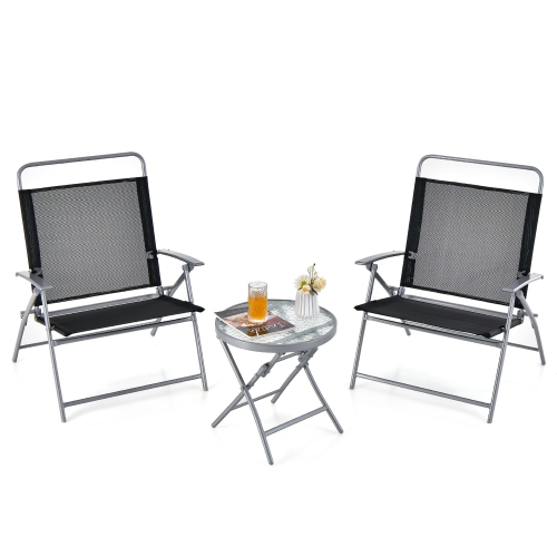 Gymax 3 Piece Patio Folding Chair Set w/ Coffee Table & Extra-Large Seat Porch Backyard Poolside