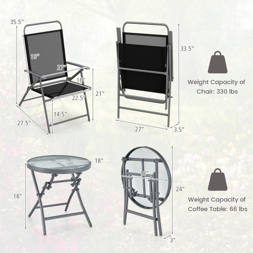Gymax 3 Piece Patio Folding Chair Set w/ Coffee Table & Extra-Large Seat Porch Backyard Poolside