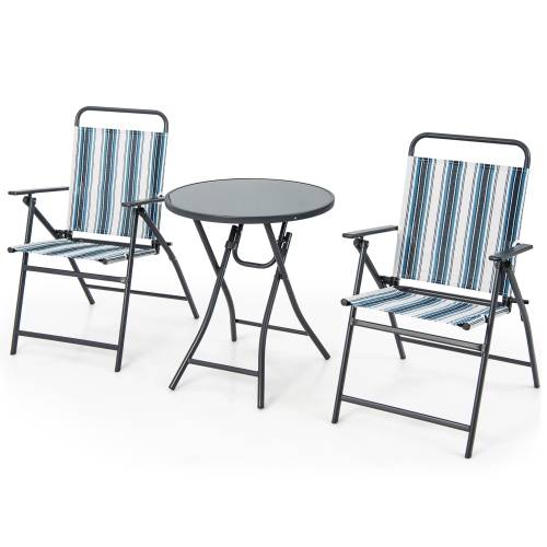 Gymax 3 Pieces Patio Folding Chair Set w/ 2 Chairs & Glass Round Coffee Table Porch Deck Backyard