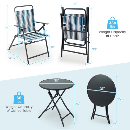 Gymax 3 Pieces Patio Folding Chair Set w/ 2 Chairs & Glass Round Coffee Table Porch Deck Backyard