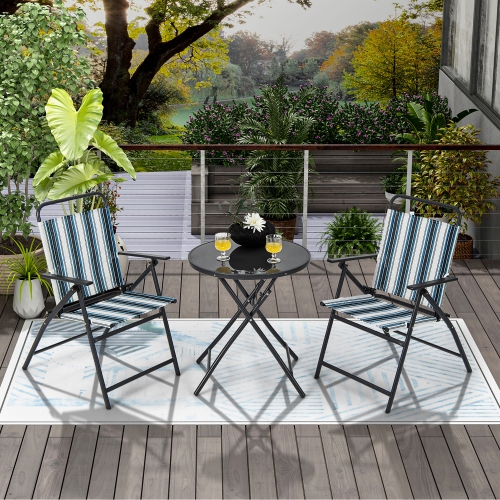 Gymax 3 Pieces Patio Folding Chair Set w/ 2 Chairs & Glass Round Coffee Table Porch Deck Backyard