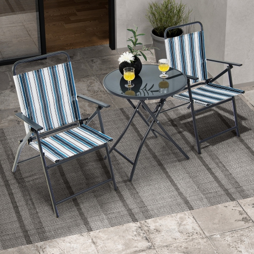 Gymax 3 Pieces Patio Folding Chair Set w/ 2 Chairs & Glass Round Coffee Table Porch Deck Backyard