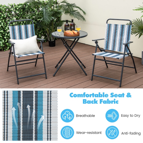 Gymax 3 Pieces Patio Folding Chair Set w/ 2 Chairs & Glass Round Coffee Table Porch Deck Backyard