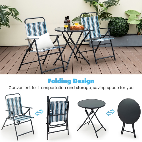 Gymax 3 Pieces Patio Folding Chair Set w/ 2 Chairs & Glass Round Coffee Table Porch Deck Backyard