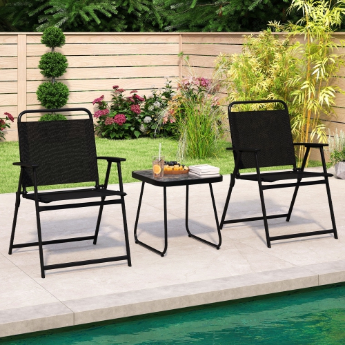 Gymax 3-Piece Patio Furniture Set Folding Fabric Chairs & Marble-Like Top Coffee Table
