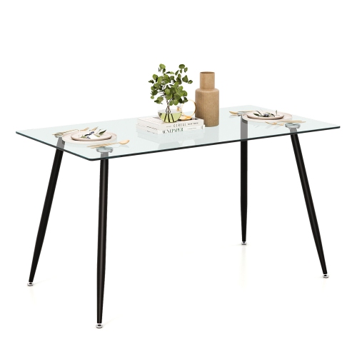 GYMAX  Modern Glass Dining Table Rectangular Dining Room Table W/metal Legs for Kitchen