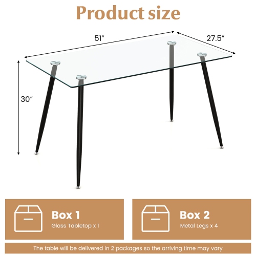 Gymax Modern Glass Dining Table Rectangular Dining Room Table W/Metal Legs For Kitchen