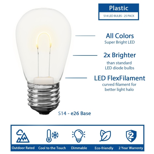 Novelty Lights 25 Pack S14 LED Plastic Flex Filament Outdoor Patio Globe Replacement Bulbs, Warm White, Dimmable, E26 Medium Base, 0.8 Watt
