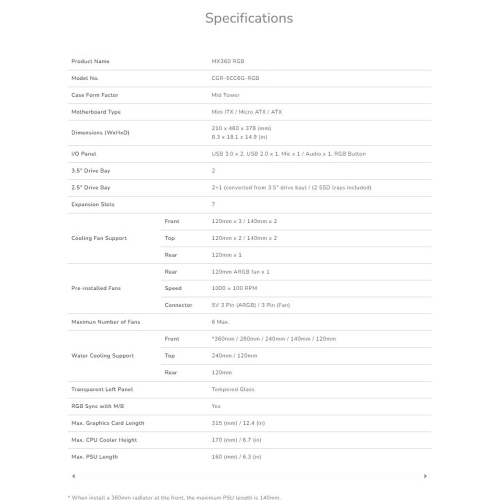 Cougar MX360 RGB Mini Tower ATX Computer Case, Tempered Glass Side Panel, 1x 120mm ARGB Fan Pre-Installed, Black