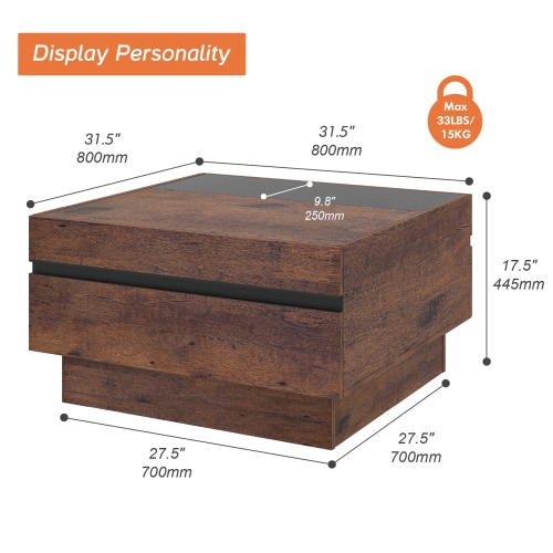 WAMPAT Modern Coffee Table with Tempered Glass Top, Square Wood Center Table with 2 Large Storage Drawers for Living Room, 31.5", Brown