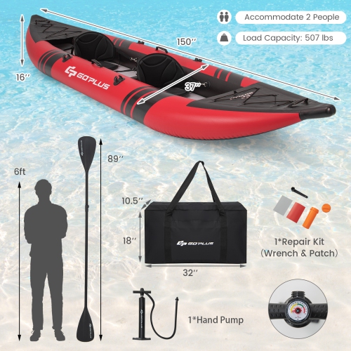 Kayak gonflable portatif pour 2 personnes avec siège rembourré en aluminium Oars EVA de Goplus