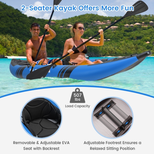 Kayak gonflable portatif pour 2 personnes avec siège rembourré en aluminium Oars EVA de Goplus