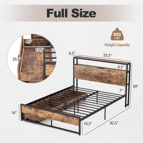 Costway Full/Queen Industrial Platform Bed Frame with Drawer Storage Headboard Charging Station