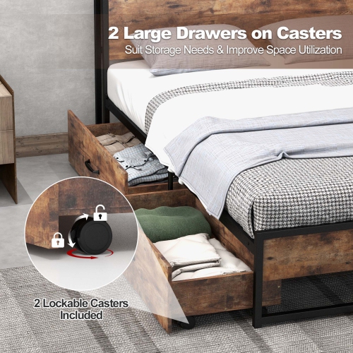 Costway Full/Queen Industrial Platform Bed Frame with Drawer Storage Headboard Charging Station