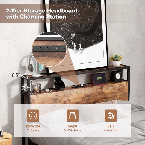 Costway Full/Queen Industrial Platform Bed Frame with Drawer Storage Headboard Charging Station