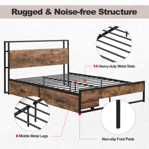 Costway Full/Queen Industrial Platform Bed Frame with Drawer Storage Headboard Charging Station