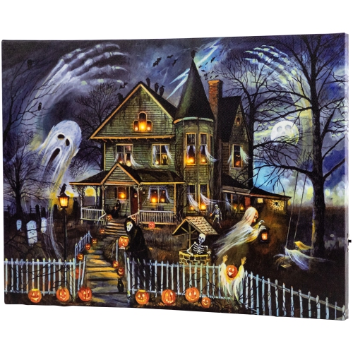 LED Lighted Creepy Haunted House Halloween Canvas Wall Art - 11.75" x 15.75"