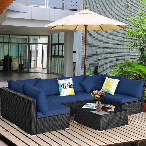 Gymax 7PCS Rattan Patio Conversation Sectional Furniture Set w/ Cushion Pillow