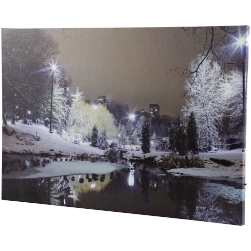 LED Lighted Nighttime City Park Winter Scene Canvas Wall Art 23.5" x 15.75"