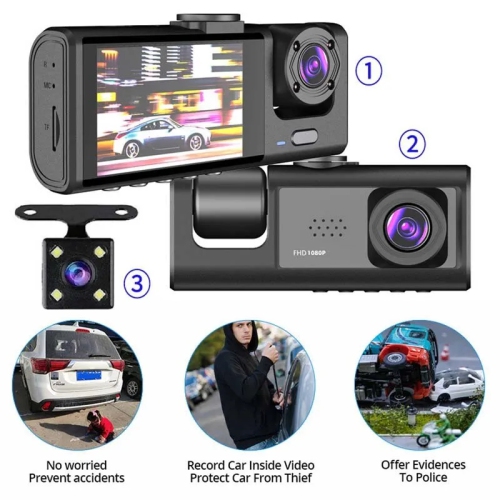 2025 New Version 3 Channel Dash Cam for Cars 1080P Video Recorder Rear View Camera for Vehicle Car DVR Black Box WITH 16GB SD CARD