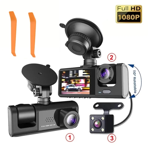 2025 New Version 3 Channel Dash Cam for Cars 1080P Video Recorder Rear View Camera for Vehicle Car DVR Black Box WITH 16GB SD CARD