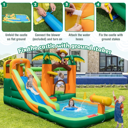 Gymax Inflatable Water Slide Park Monkey Bounce House Splash Pool without Blower
