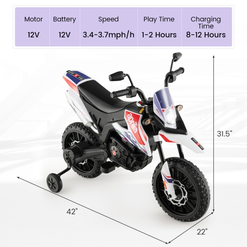 Vélo tout-terrain électrique pour enfants Aprilia de Costway 12&nbsp;V sous licence avec lumière et musique