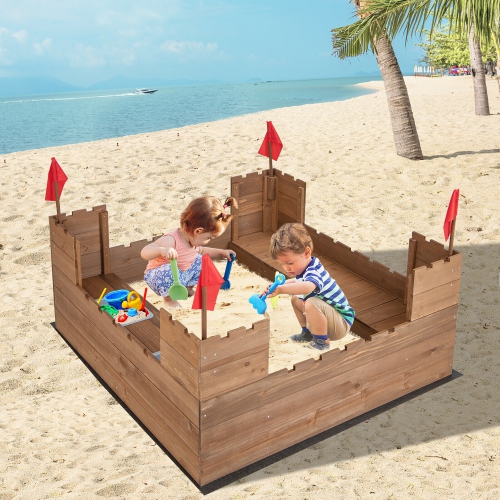 Gymax Solid Wood Kids Sandbox w/ 2 Bench Seats Outdoor Sandpit w/ Storage Box & Flags