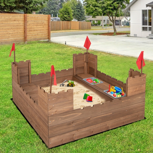 Gymax Solid Wood Kids Sandbox w/ 2 Bench Seats Outdoor Sandpit w/ Storage Box & Flags