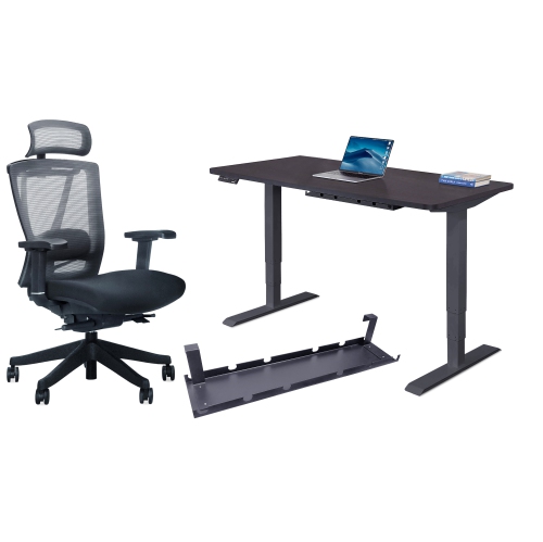 EFFYDESK  Business Bundle: Height Adjustable Computer Standing Desk Small Oak On Business Frame + Aerychair Adjustable Ergonomic Office Chair (Onyx