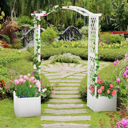 Gymax Garden Arbor with Planter Wooden Planter Arch with Trellis
