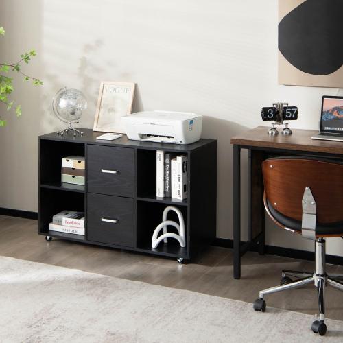 Gymax Rolling Wood File Cabinet w/ 2 Large Drawers & 4 Open Compartments Office Black