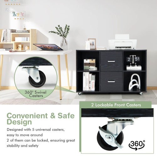 Gymax Rolling Wood File Cabinet w/ 2 Large Drawers & 4 Open Compartments Office Black