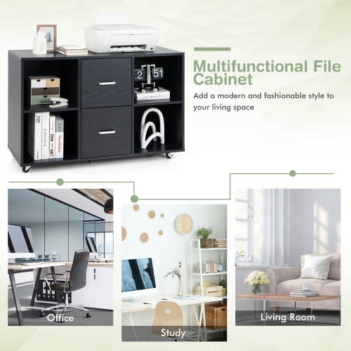 Gymax Rolling Wood File Cabinet w/ 2 Large Drawers & 4 Open Compartments Office Black
