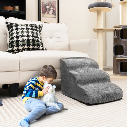 Gymax 3-Tier Foam Dog Ramp Non-Slip Dog Steps Soft Pet Stairs Ladder for High Sofa Bed