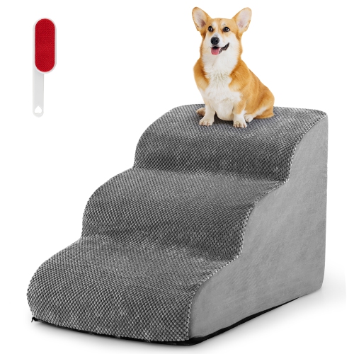 Gymax 3-Tier Foam Dog Ramp Non-Slip Dog Steps Soft Pet Stairs Ladder for High Sofa Bed