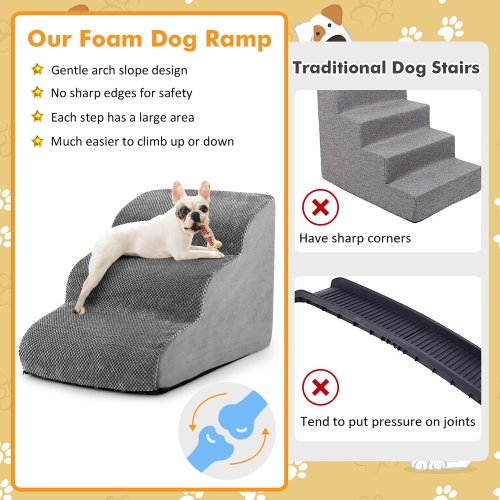 Gymax 3-Tier Foam Dog Ramp Non-Slip Dog Steps Soft Pet Stairs Ladder for High Sofa Bed