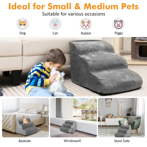 Gymax 3-Tier Foam Dog Ramp Non-Slip Dog Steps Soft Pet Stairs Ladder for High Sofa Bed