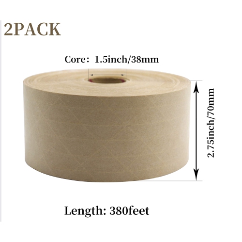 Reinforced Water Activated Gummed Kraft Paper Tape, 2 Pack 2.75 inch x 380 ft, for Heavy Duty Secure Packing Shipping