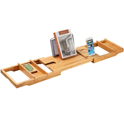 Bamboo Bathtub Caddy Tray with Extending Sides and Reading Rack, Phone Holder