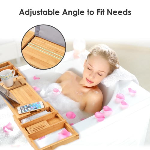 Bathtub Tray Caddy, Expandable Bath Tray, Bamboo Bath Table with Reading Rack, Slide-in Glass Holder and Phone Holder